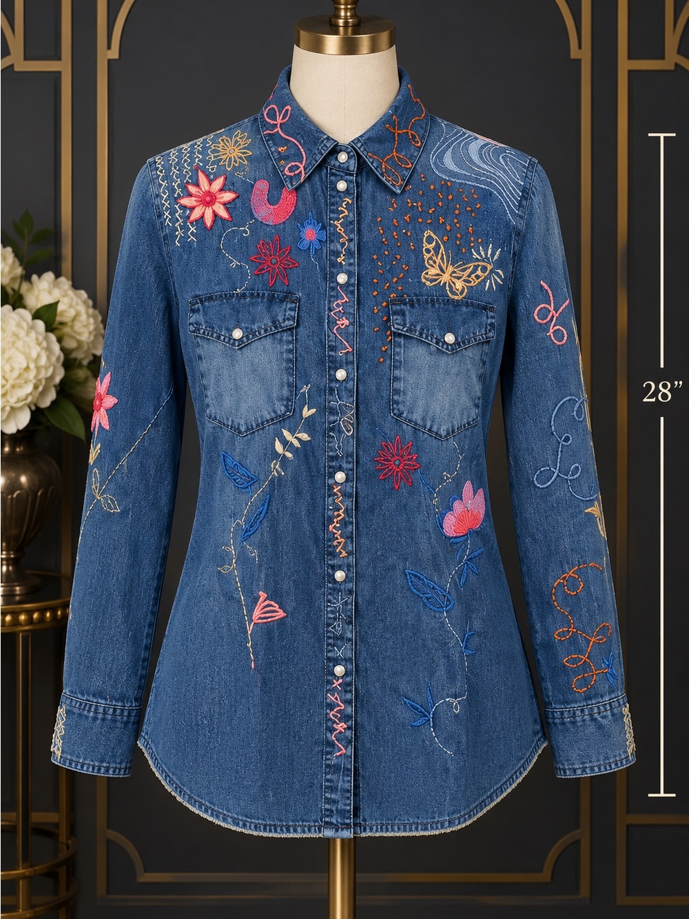 Johnny Was Umoya heavily embroidered button down denim shirt NWT RARE